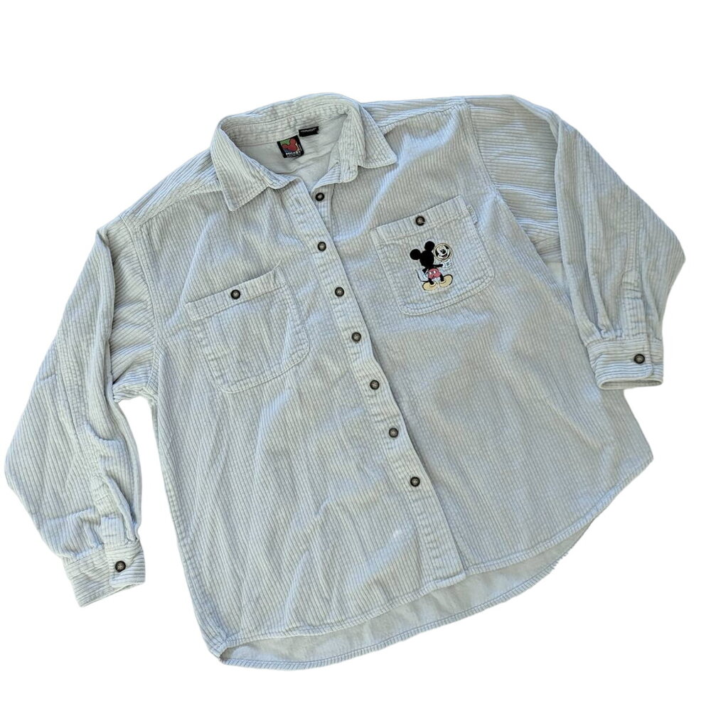 Vintage 90s Disney Mickey Unlimited Gray Corduroy Button Up Shirt size Large